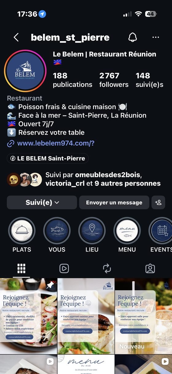 Capture d'écran Instagram de Le Belem&nbsp;: profil Instagram, restaurant à Saint-Pierre