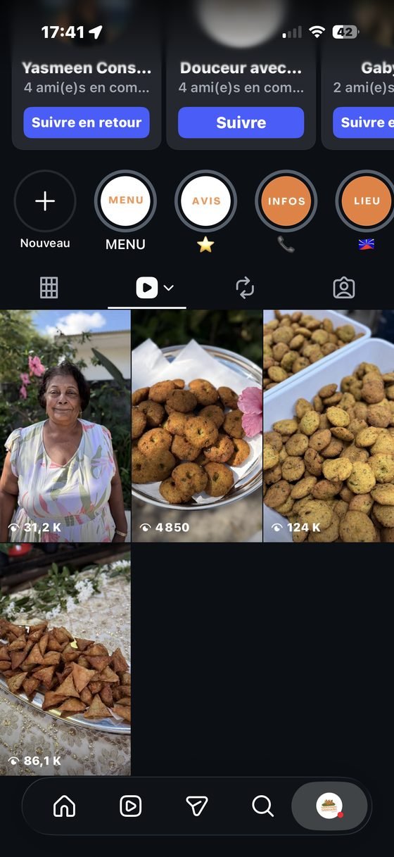 Capture d'écran Instagram de Samoussas Saminadin&nbsp;: réels Instagram, vues par publication