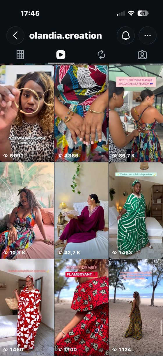 Capture d'écran Instagram de Olandia Création&nbsp;: réels Instagram, vues par publication