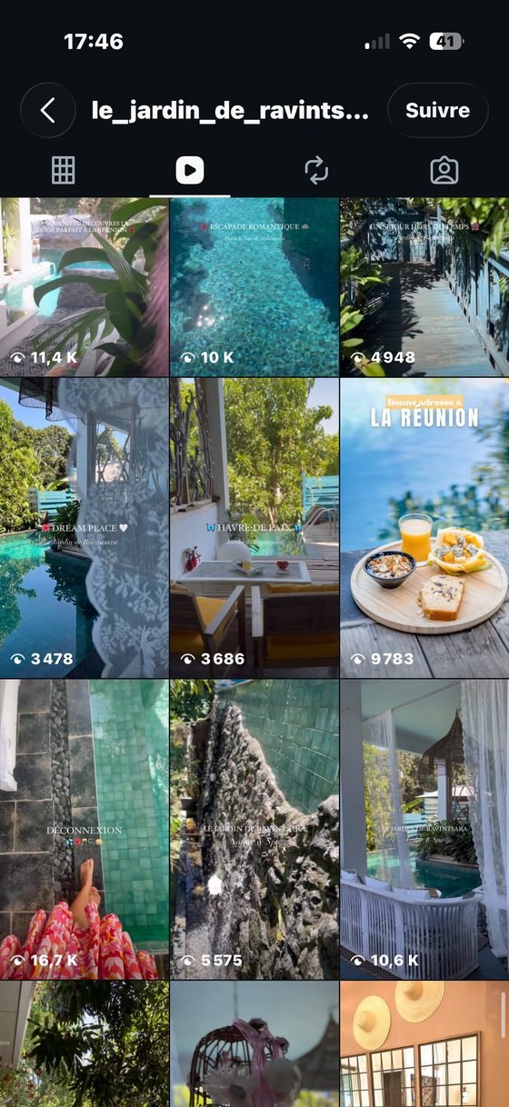 Capture d'écran Instagram de Le Jardin de Ravintsara&nbsp;: réels Instagram, vues par publication