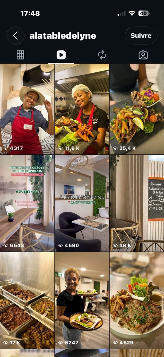 Capture d'écran Instagram de À la table de Lyne&nbsp;: réels Instagram, vues par publication