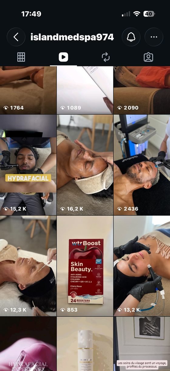 Capture d'écran Instagram de Island MedSpa&nbsp;: réels Instagram, vues par publication