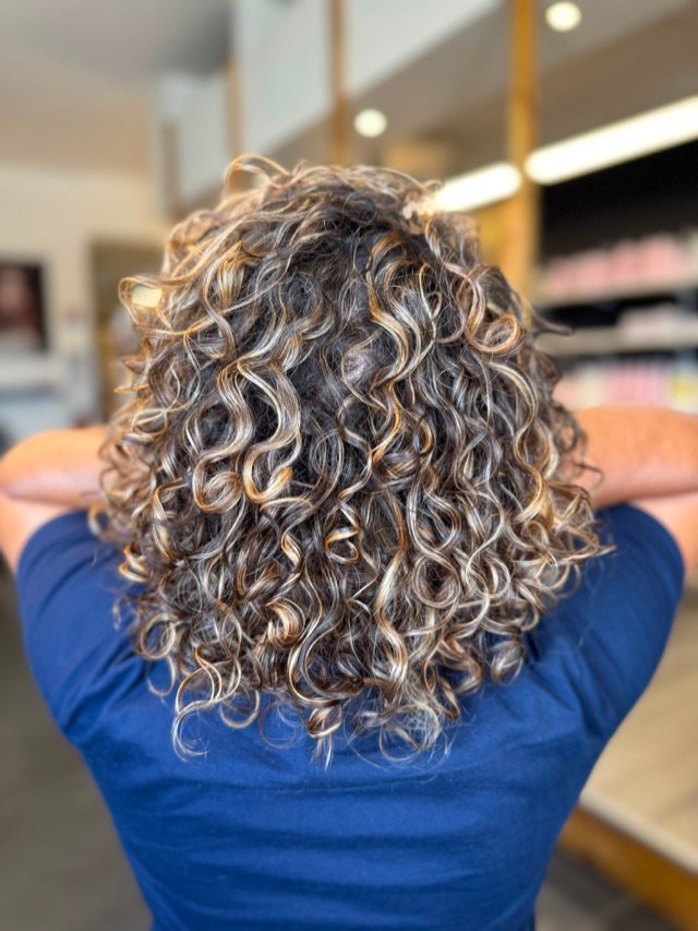 Boucles définies châtain à mèches blondes, vues de dos en salon