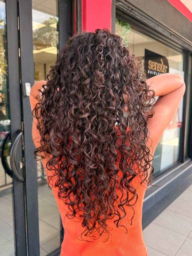Longues boucles brunes définies, vues de dos devant la vitrine du salon